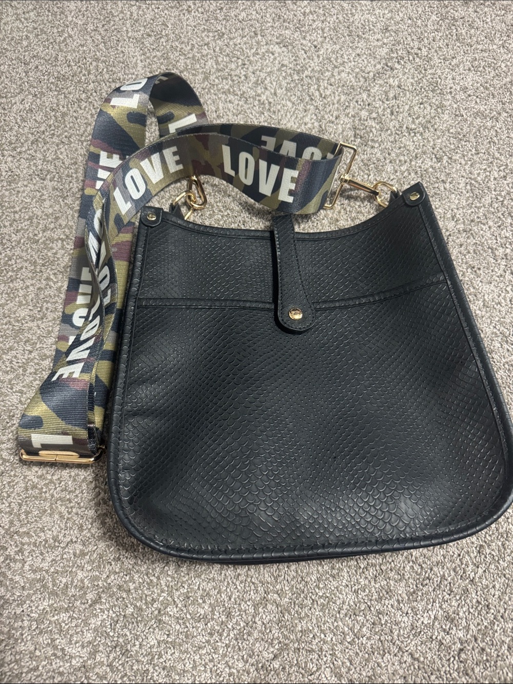 Black Textured Crossbody Bag with 'LOVE' Strap